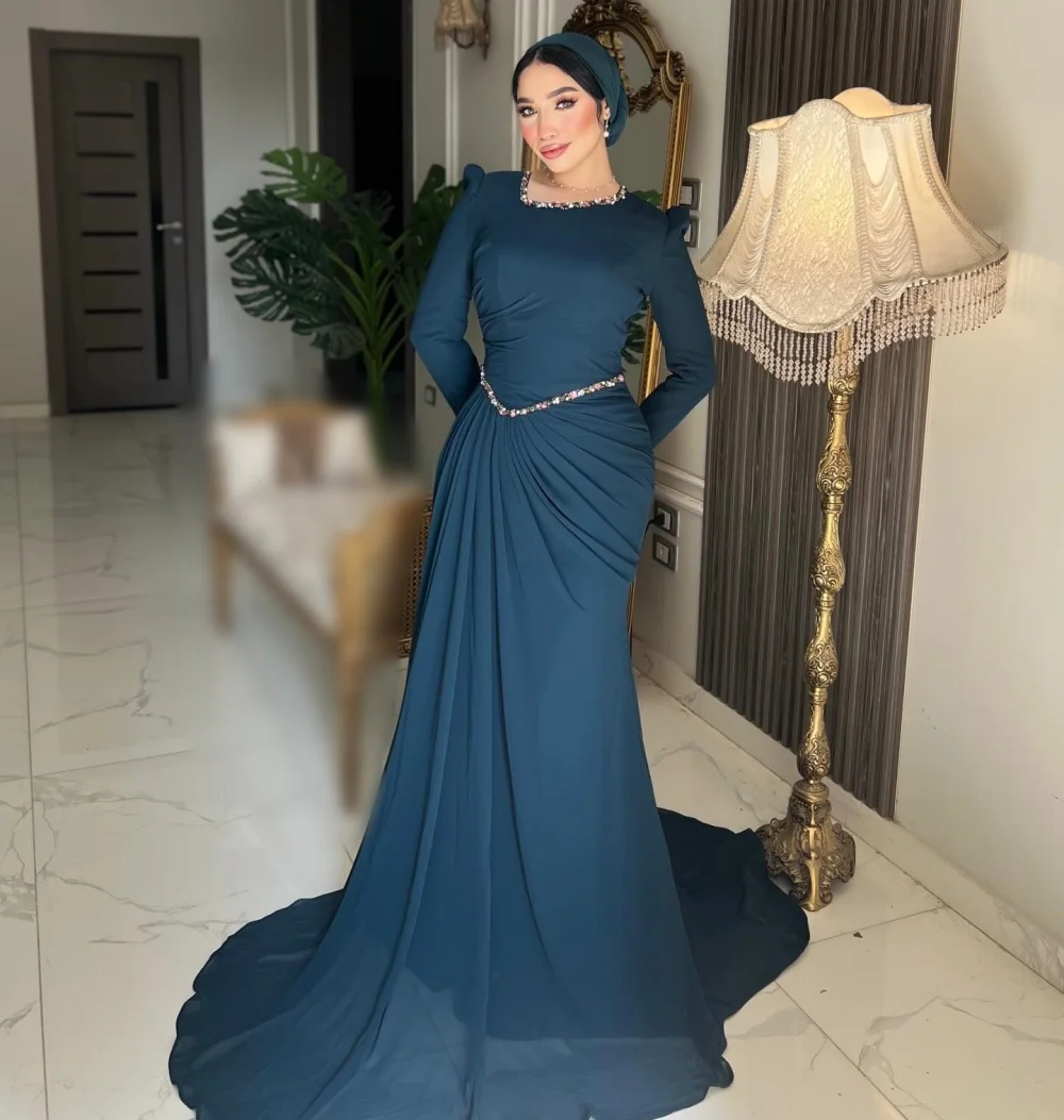 

Customized Glitter Classic Evening Dress Long Sleeves Pleat Trumpet Long Dresses Woman Elegant Party Wedding Exquisite