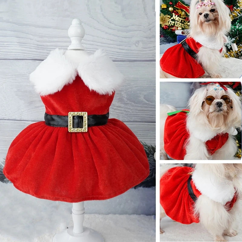 Abrigo de Navidad para perros, ropa para perros, vestido de Navidad, falda roja para mascotas, vestido cálido para gatos, falda con lazo,
