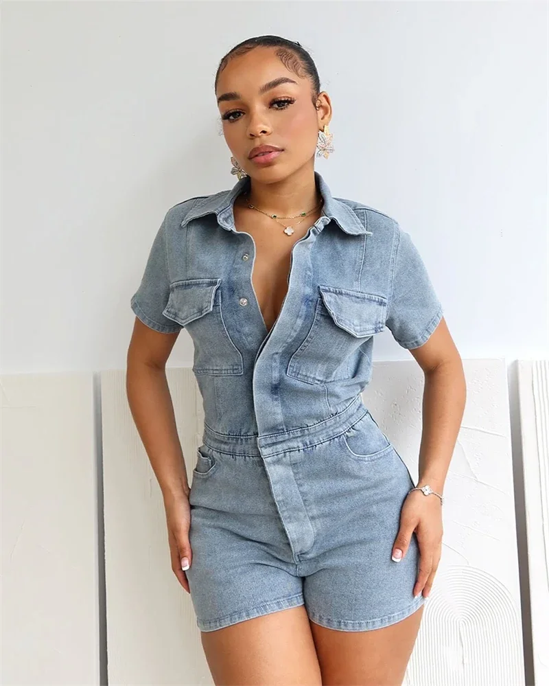 

Streetwear Denim Rompers Playsuits for Women Summer Y2K Clothes Turn Down Neck Bodycon Jean Shorts Jumpsuits One Pieces Overalls