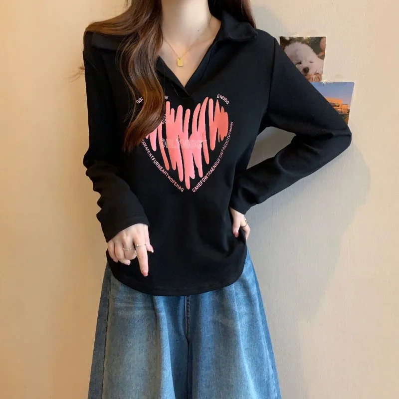 Women's Shirt American Style Heart Collar Long Sleeve Top Slimming Fit Autumn New Casual Fashion Curvy Girl Trendy Tee