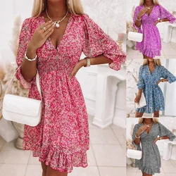 Floral Print Dress Women V Neck Short Sleeve A Line Elegant Dress Lady Pullover Summer Short Bohemian Party Dresses