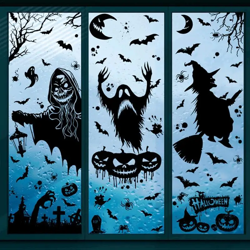 Stiker jendela Halloween, stiker siluet labu penyihir hantu kerangka statis, lucu menakutkan, bertema Halloween untuk dekorasi pesta