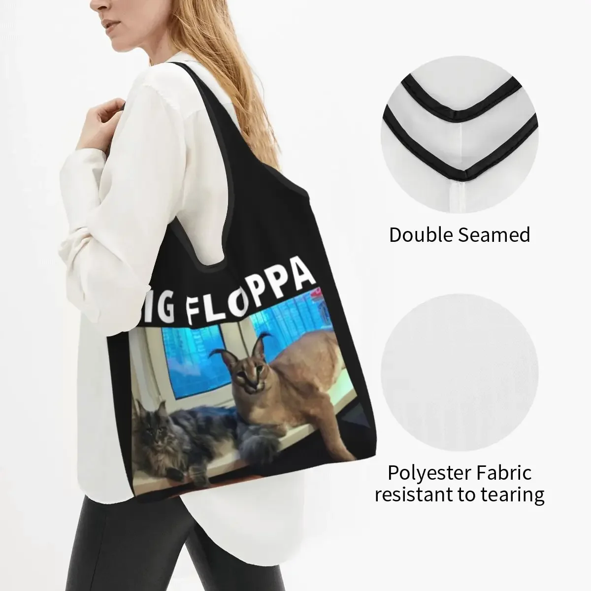 Big Floppa My Beloved Caracal Cat Reusable Shopping Grocery Bags Foldable 50LB Weight Capacity Eco Bag Eco-Friendly Ripstop