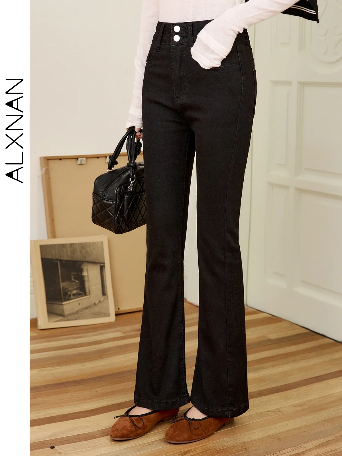 ALXNAN 블랙 플레어 진 2025 더블 버튼 소프트 엘라스틱 여성 바지 우아함 내추럴 가을 겨울 여성용 바지 L50607