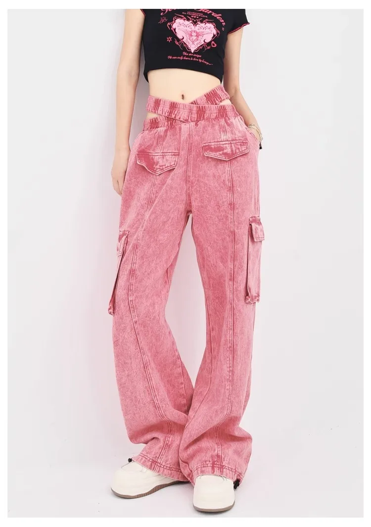 Imagem -03 - Jeans Retos Vintage de Cintura Alta Rosa para Mulheres Calças Largas Casuais Calças Jeans de Perna Larga Y2k Streetwear Grunge Outono 2023