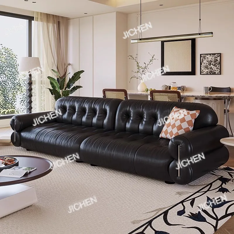 

Medieval black leather sofa French retro brown sugar cloud living room straight top layer cowhide sofa combination