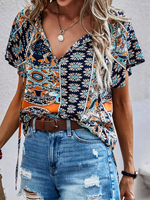 Women Fashion Floral Printed Blouses Shirts Casual O Neck Short Sleeve Shirts Tops Ladies Loose Chic Blouse Top