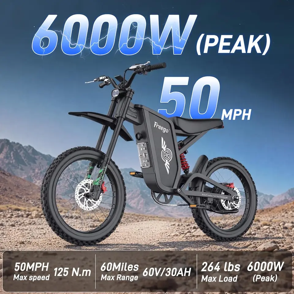 Freego X2Pro Electric Bike 6000W Motor 1800Wh Battery Electric Motorcycle Max 50Mph Electric Dirt Bike 19x2Full Suspension ebike image 3