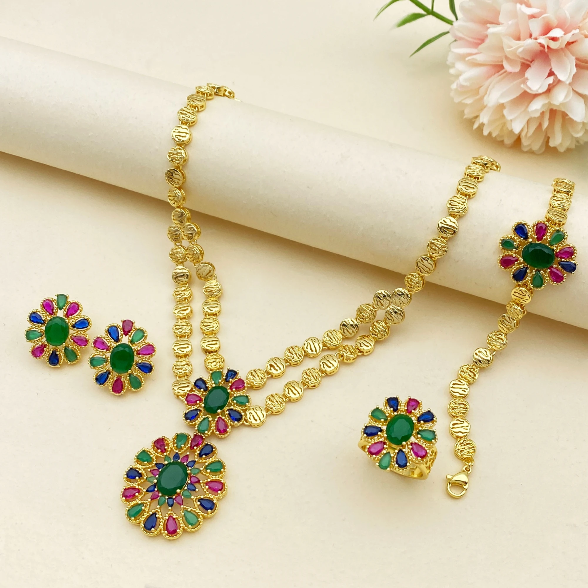 

Falair Women's Fashion Jewelry Set Cubic Zirconia Gold Plated Copper Bracelet Ring Necklace Earring Elegant Party Accessory