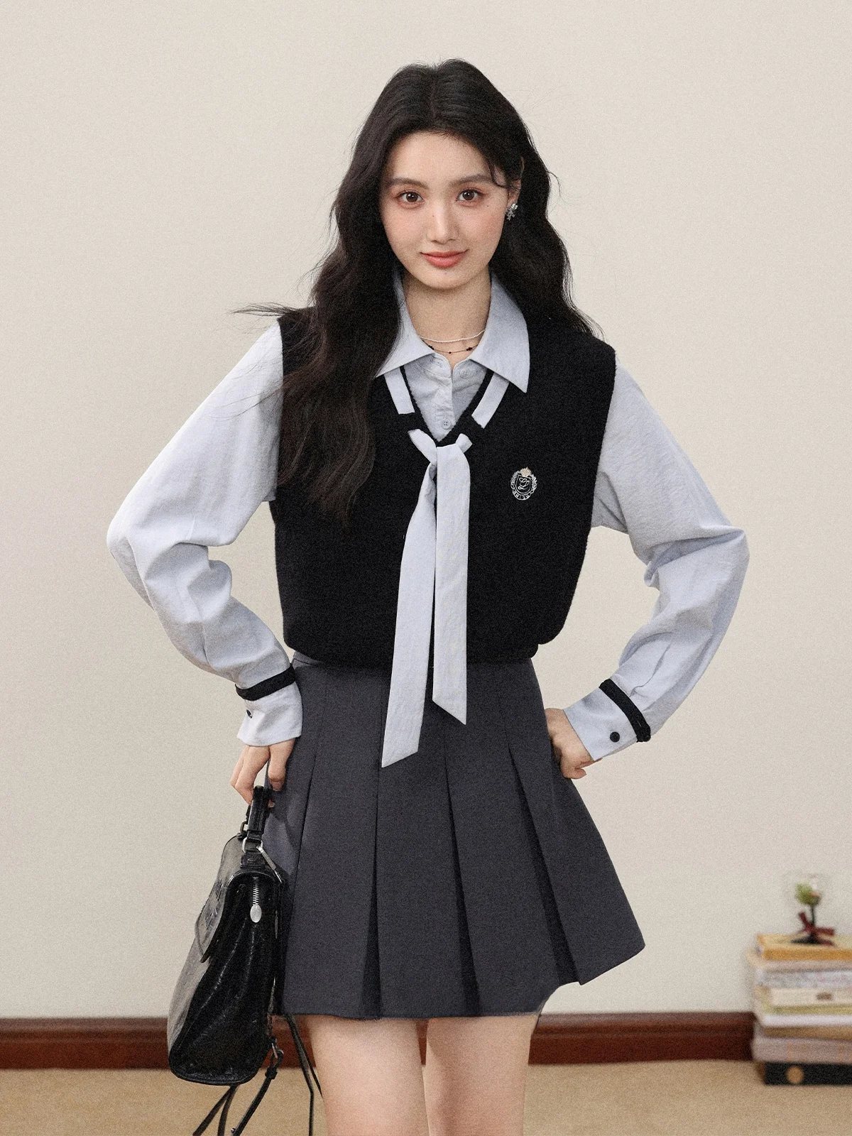 

Blue Long Sve Knitted Vest Women's Faionable Top Inner Wear irt Two Piece Set Breathable Comfortable Spring New Arrival