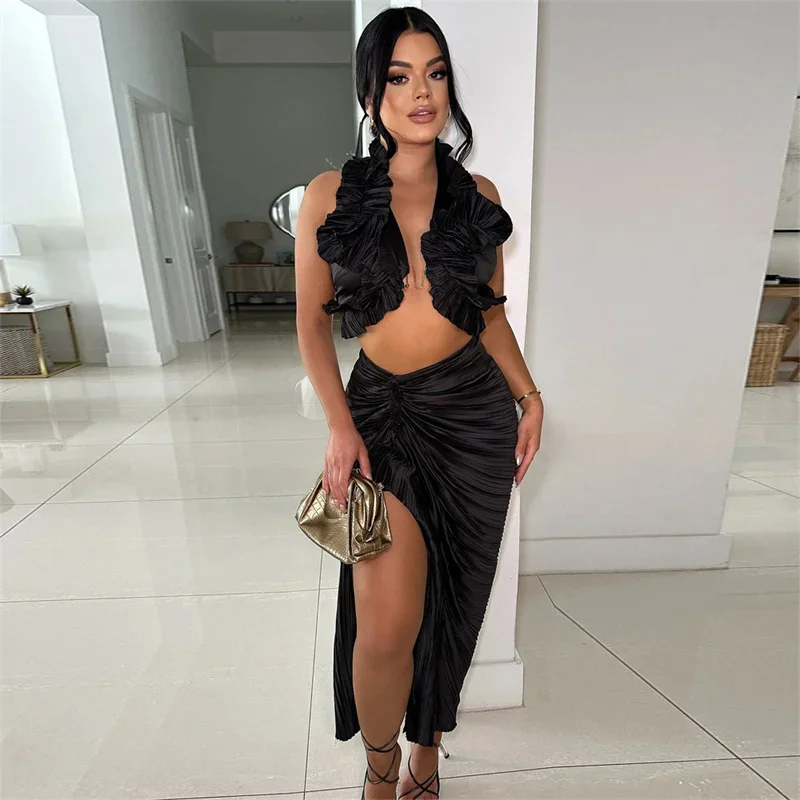 Sexy Party Two Piece Sets Women Ruffles Backless Halter Crop Tank Top and High Waist Pleated Split Long Skirts Nightclub Outfits