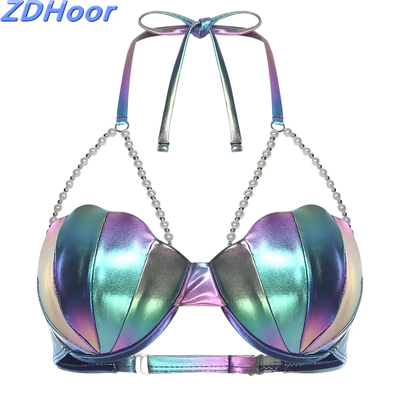 여성 인어 브라 탑 홀터넥 진주 체인 조개껍질 비키니 브라 약간 패드가 있는 브라 탑 하와이 해변 파티 수영복