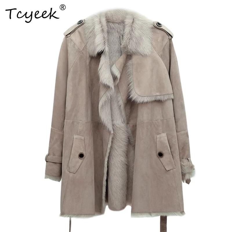 Tcyeek Real Wool Autumn Winter High End Trendy Cream Grey Medium Length Women's Lamb Wool Shearling Fur Coat Fourrures Femme