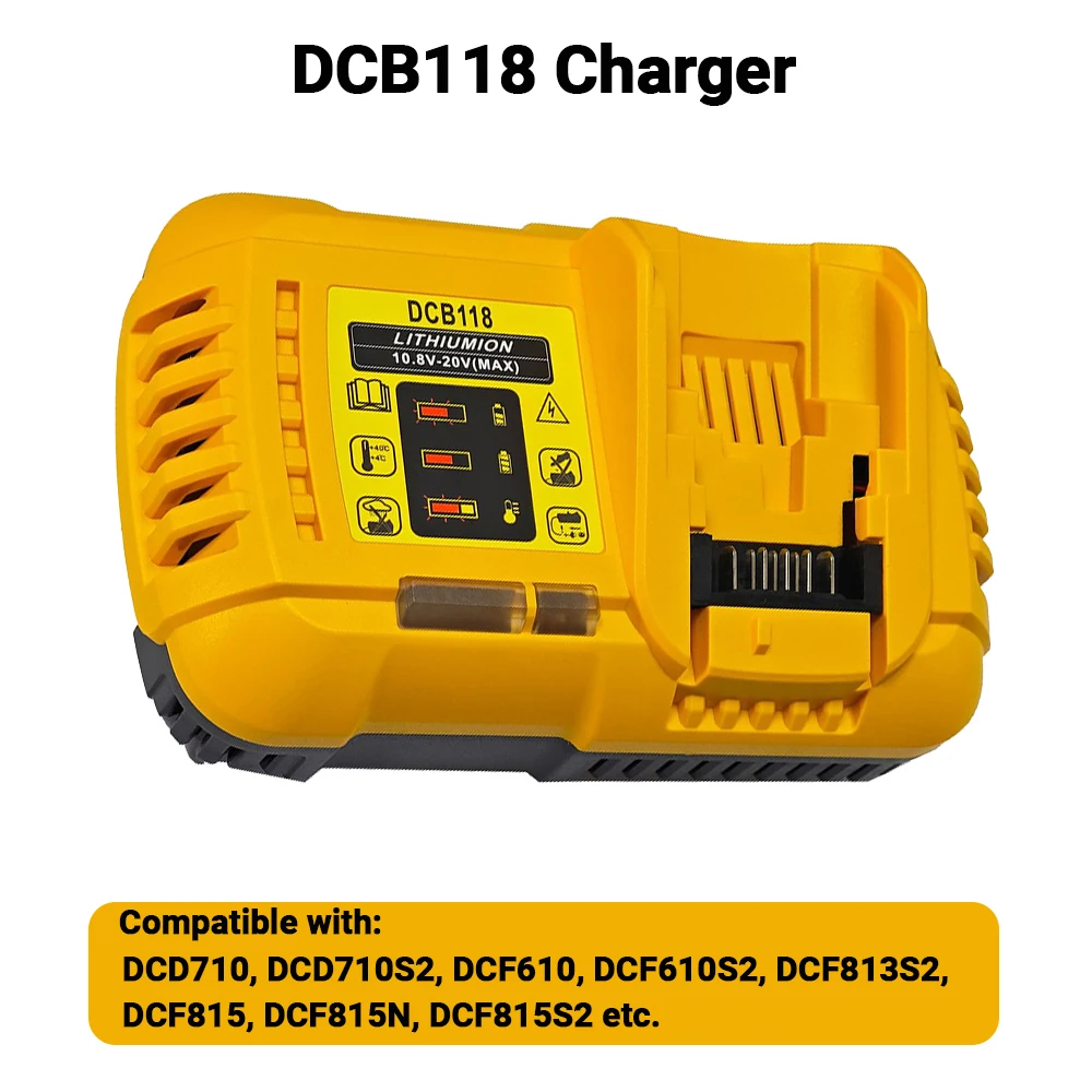 

DCB118 Быстрое зарядное устройство для литиевой батареи, зарядка 4,5 А для DeWalt 10,8 В, 12 В, 14,4 В, 20 В, макс. 60 В, аккумулятор DCB101 DCB200 DCB140 DCB105