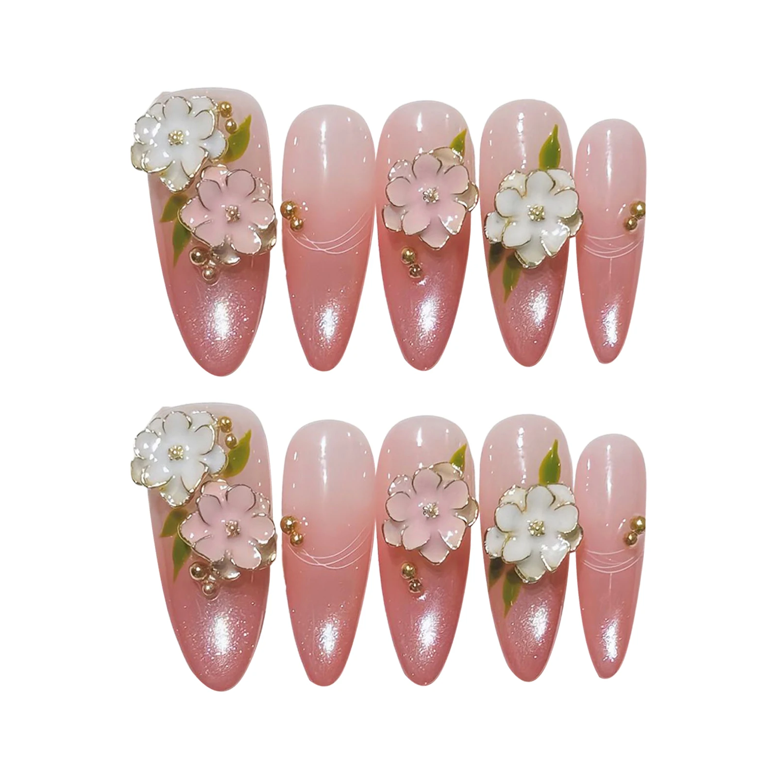 10pcs Fake Nail Tips Elegant Peach Pink Press On Nails 3D Flower Design for Women Wedding Party Daily Makeup