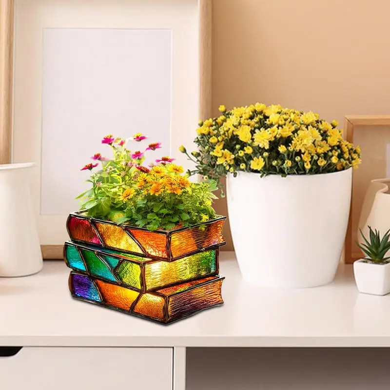 Book Vase For Flowers Stacked Colorful Fun Home Decor Home Decor Accents For Garden Pots Succulents Shelf Desk Bibliophile