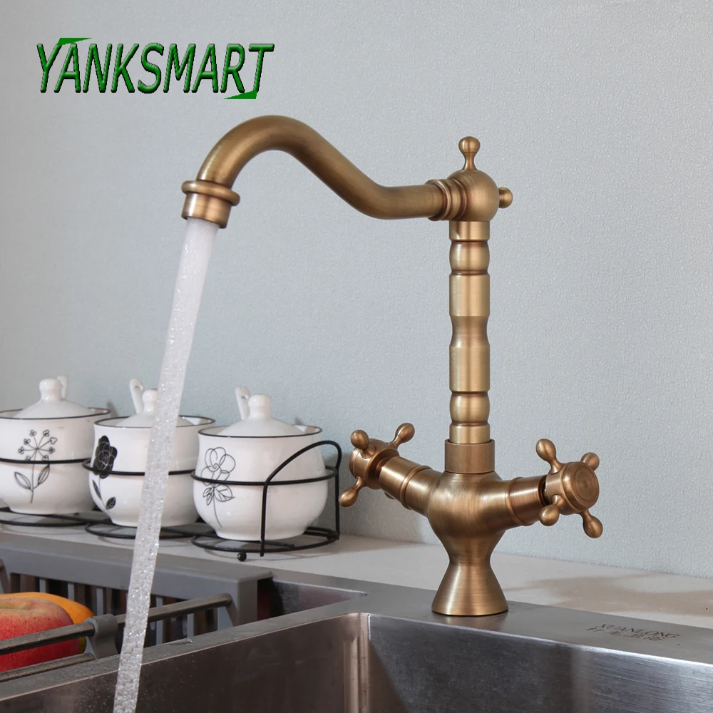 

YANKSMART Antique Brass Kitchen Faucet 2 Cross Handles 360 Swivel Basin Sink Deck Mounted Bathroom Faucet Mixer Water Tap