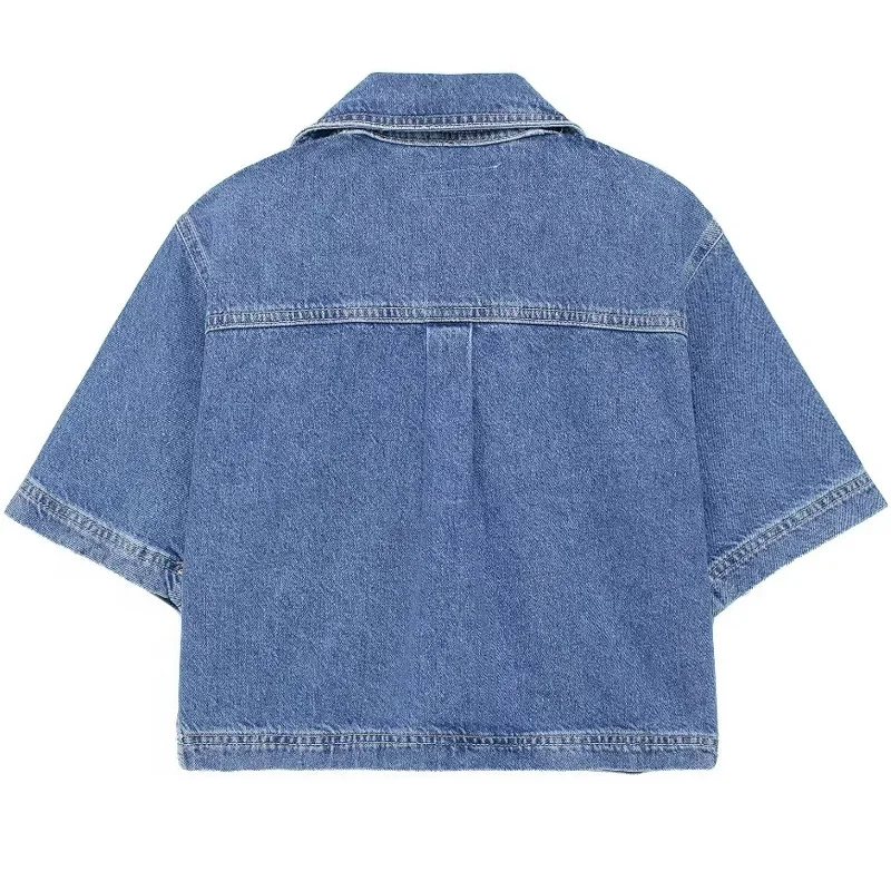 TRAF Blue Denim Shirt Woman Fashion Short Sleeve Cropped Shirt Women Jean Crop Top Y2k Streetwear Summer Blouse Short Tops