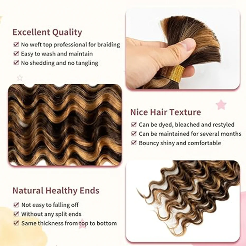 Cabelo virgem brasileiro para extensões de cabelo humano, onda profunda, trança em massa, cabelo 100% humano não processado, P4/27