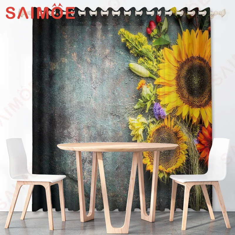 3D Panel Rustic Sunflower Farm Curtains Summer Floral Vintage Wood Grain Print Decoration Farmhouse Bedroom Kitchen Living Room