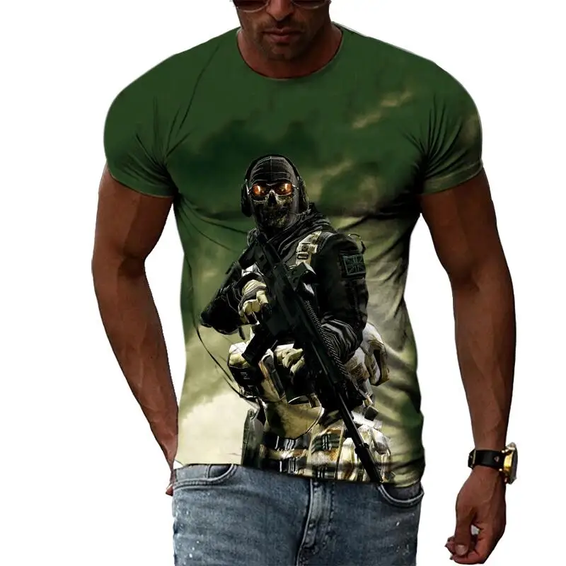 Summer Leisure Field Fighting Sniper Pattern Men\'s T-shirt Hip Hop 3D Print Personality Rod Neck Short Sleeve Tops Fashion Clot
