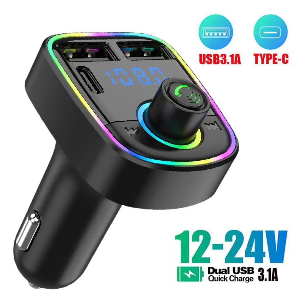 2023 Car BT5.0 FM Transmitter PD Type-C Dual USB 3.1A Player MP3 Handsfree Colorful Modulator Ambient Light O9J8