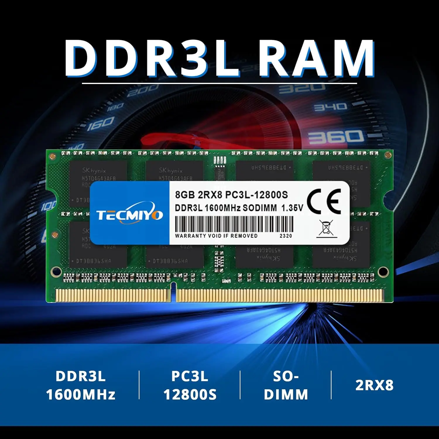 TECMIYO-Memória RAM do portátil, 8GB, DDR3L, 1600MHz, SODIMM, 1.35V, PC3L-12800S, Não-ECC-Verde