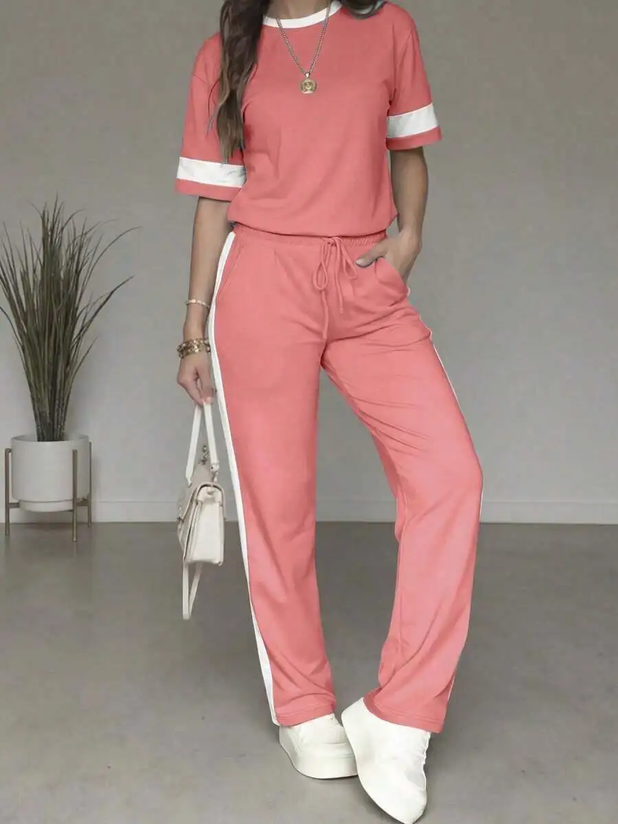 

Womens Casual Colorblock Round Neck Short Sleeve Top And High Waist Drawstring Straight Leg Pants Pink