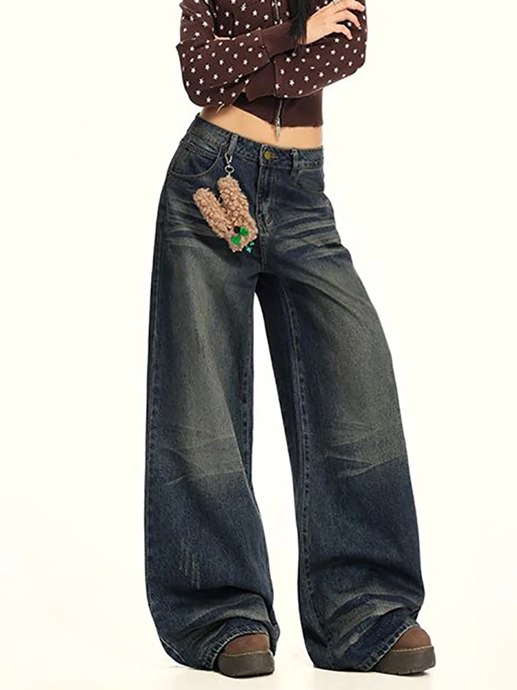 

Retro Street Style Wide Leg Pants Niche Design Floor Length Pants High Waisted Loose Fit Slimming Jeans For Women