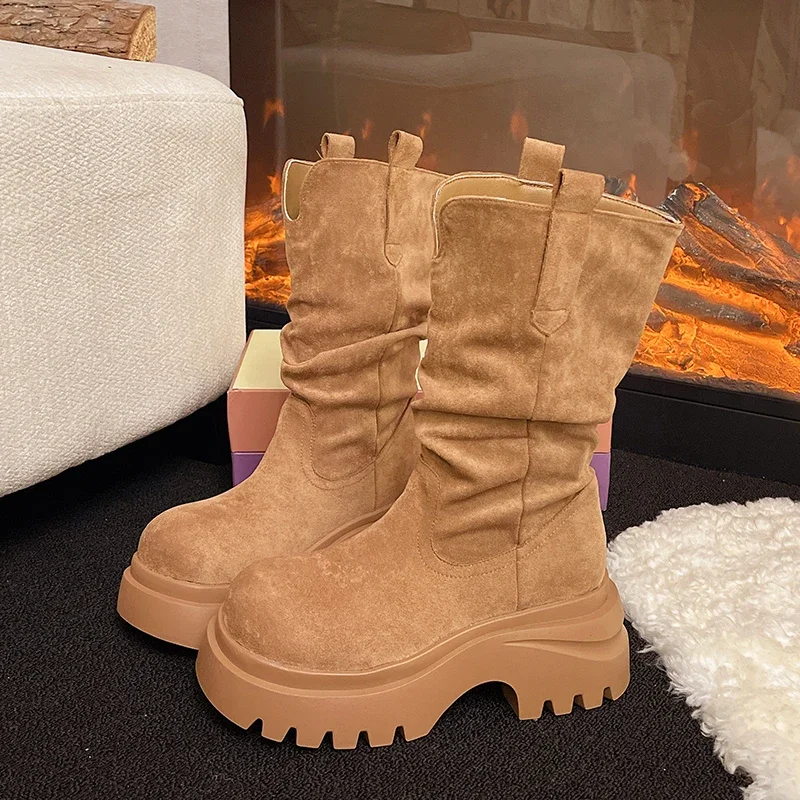 

Женские сапоги до середины икры, дизайнерские замшевые туфли на высоком каблуке, модные прогулочные ботинки челси 2024, новое уютное платье, гот, снег, Mujer Botas