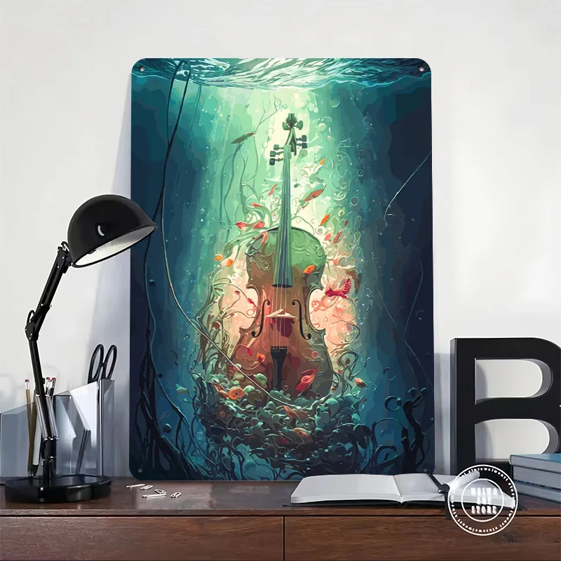 Cello Music Underwater 3D Texture Metal Poster Customized Wall Art Tin Sign Gift for Mancave Gaming Decoration Room House Home