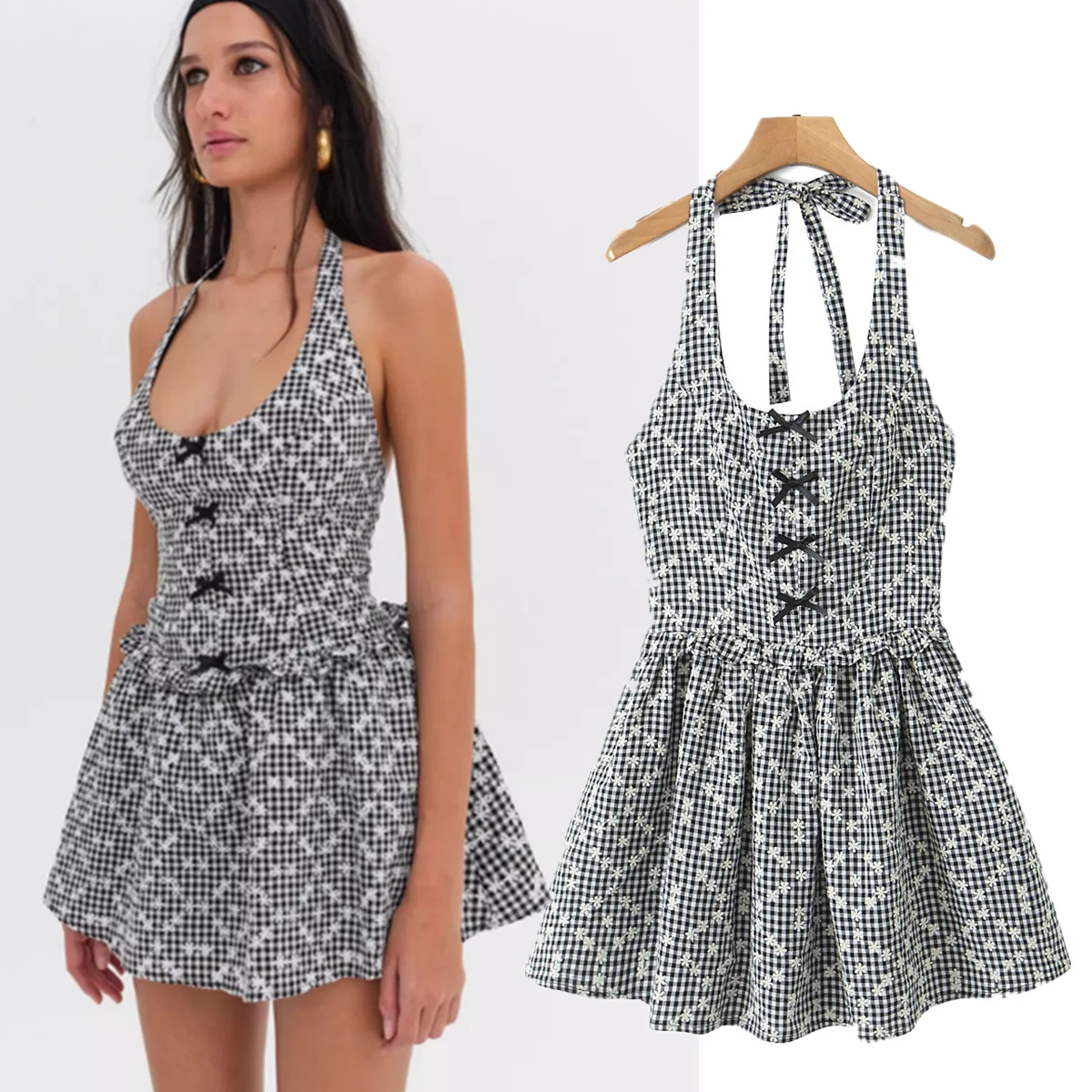 Vestido sin mangas bordado con lazo de mariposa a cuadros para mujer, vestido francés blanco y negro, mujer