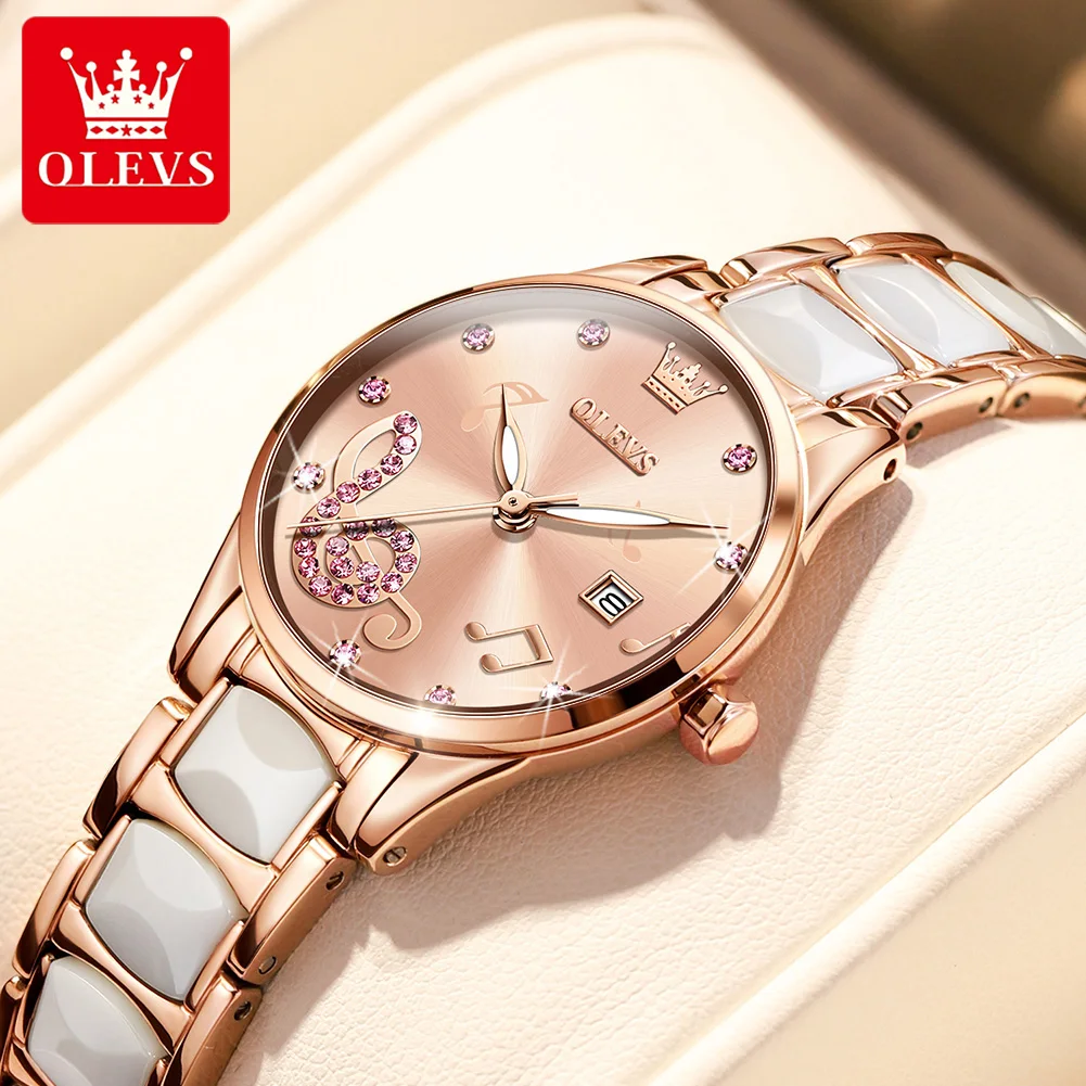 

OLEVS Brands Fashion Rhinestone Quartz Watch for Women Luxury Ceramic Strap Waterproof Calendar Ladies Wirstwatch Reloj Mujer