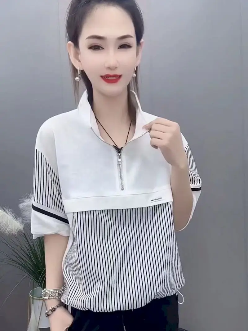 Fashion Patchwork T Shirts Women Stand Collar Half Zipper Sporty Style T-shirt Casual Loose Short Sleeve Tops Summer Thin Tshirt