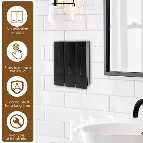 Imagen 2 del producto Dispensador de jabón líquido sin taladro, dispensador de champú y acondicionador de ducha Triple montado en la pared para accesorios de baño de Hotel en casa