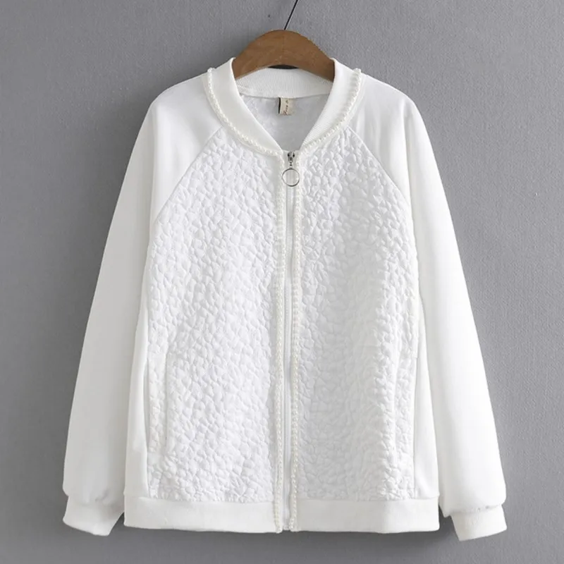 

4XL Plus Size Zip Jacket Women 2023 Spring Pearl Beads Baseball Uniform Loose Raglan Sleeve Outewear Oversized Curve Clothes