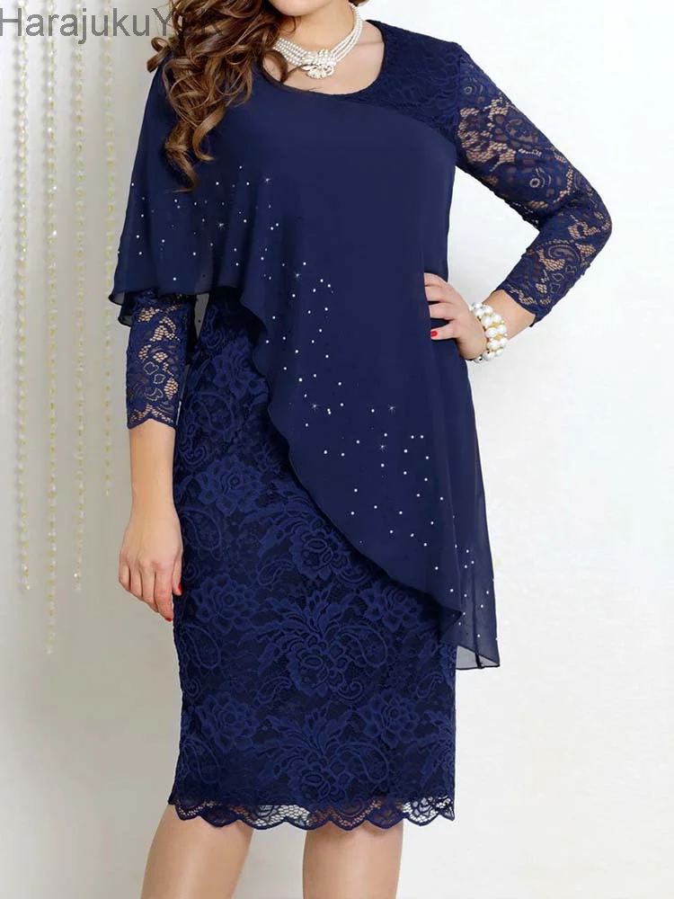 Robe en mousseline de soie à manches longues pour femmes, grande taille, faux deux pièces, coutures luxueuses, maille et dentelle, robes du Nouvel