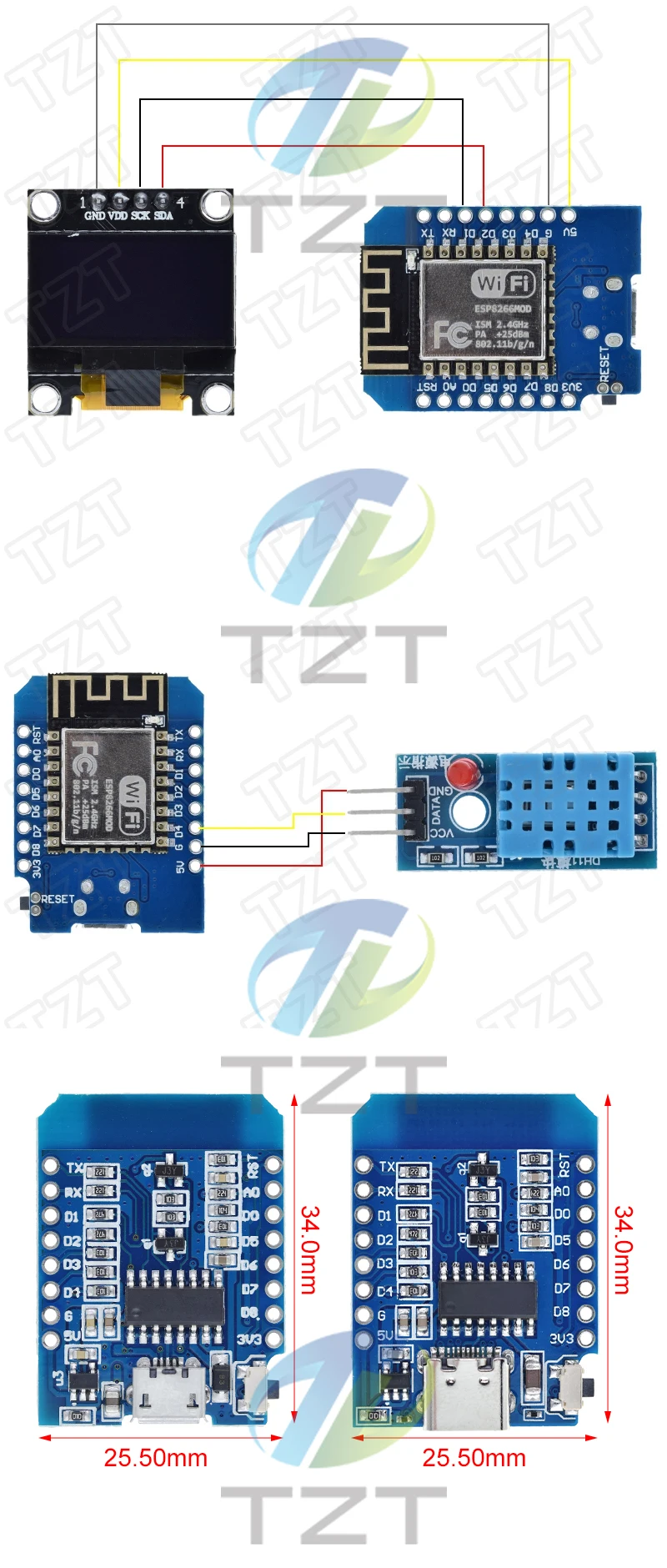 D1 Mini TYPE-C/MICRO ESP8266 ESP-12F CH340G V2 USB D1 Mini WIFI Entwicklungsboard D1 Mini NodeMCU Lua IOT Board 3,3 V mit Pins – Detail 6
