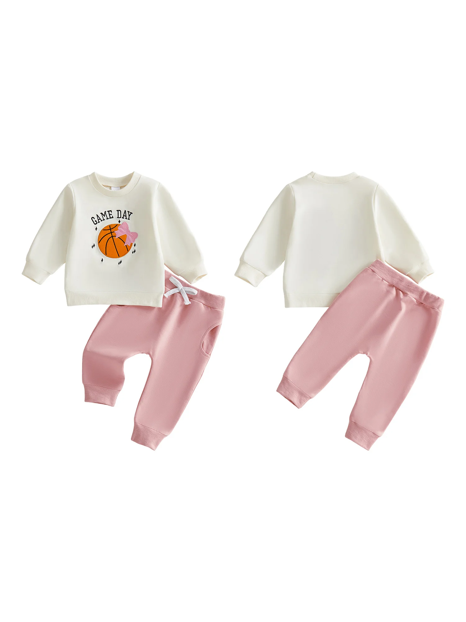 

Girls 2PCS Outfit Long Sleeve Round Neck Bowknot Basketball Embroidered Top with Drawstring Pants Set