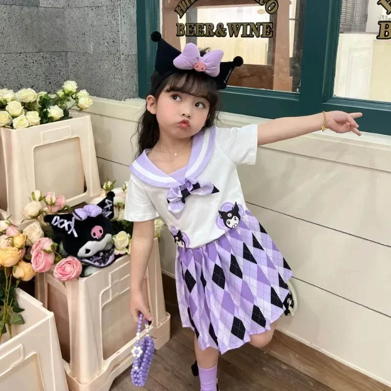 Anime Sanrio Cinnamoroll Kuromi perempuan Jk Set rok Kawaii seragam anak-anak My Melody gaun rok lipit hadiah ulang tahun