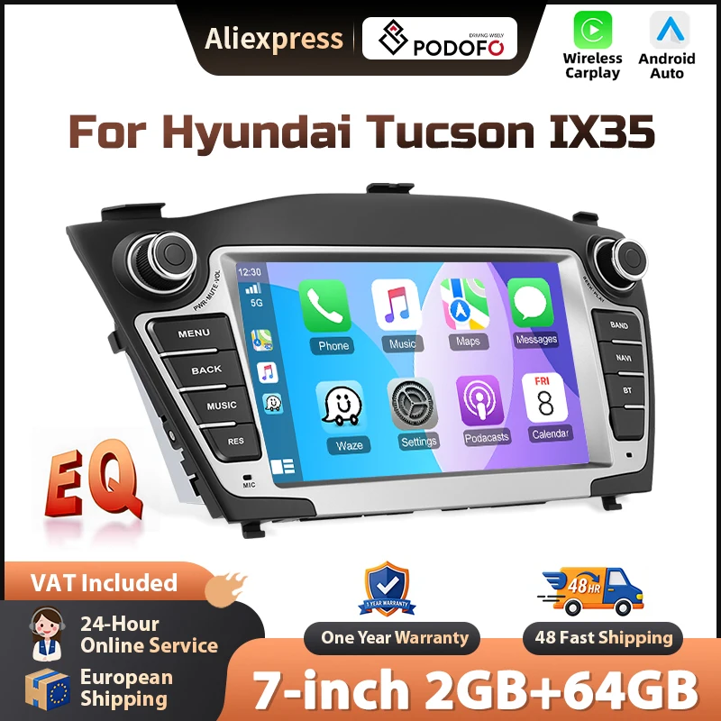 Podofo 7'' Wireless Carplay Android Auto Radio für Hyundai Tucson IX35, intelligente Fahrzeugsysteme, GPS-Navigation, BT, FM/RDS, 2-DIN-Autoradio, Head Unit, SWC, Multimedia-Stereoanlage, EQ,