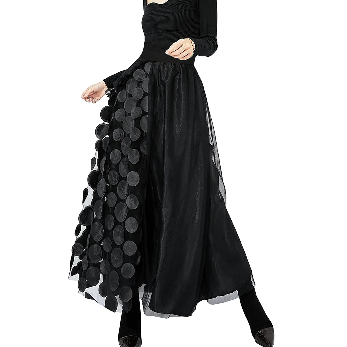 Long solid-color midi skirt with three-dimensional decorative patches and spliced mesh fabric