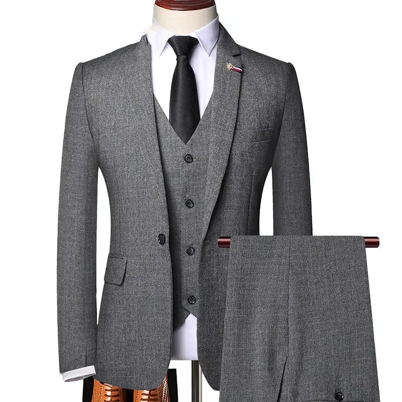 3Pcs  Jacket Vest Pants Casual Plaid Retro Business Men\'s Suit Set Groom Wedding Dress Blazer Waistcoat Trousers