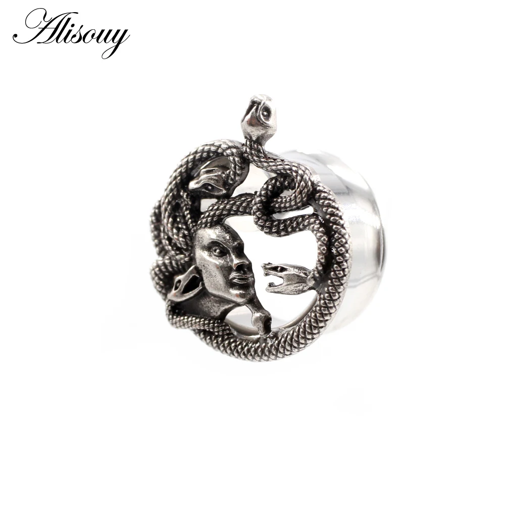Alisouy 2pcs 6-25mm Retro Unique Stainless Steel Snake Head Ear Tunnels Plugs Expander Stretcher Gauges Body Piercing Jewelry