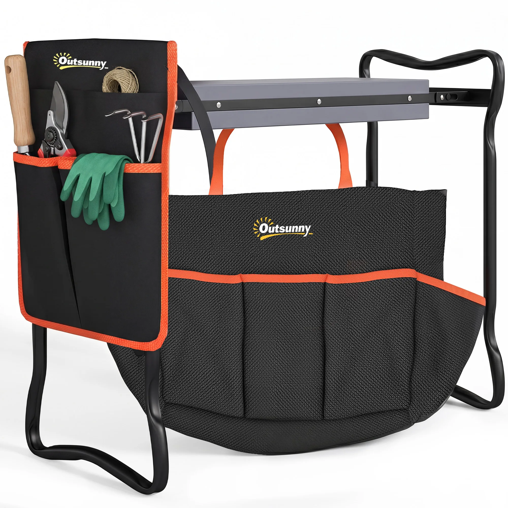 Outsunny Taburete de Jardín Plegable con Bolsa de Herramientas Carga 150kg Negro