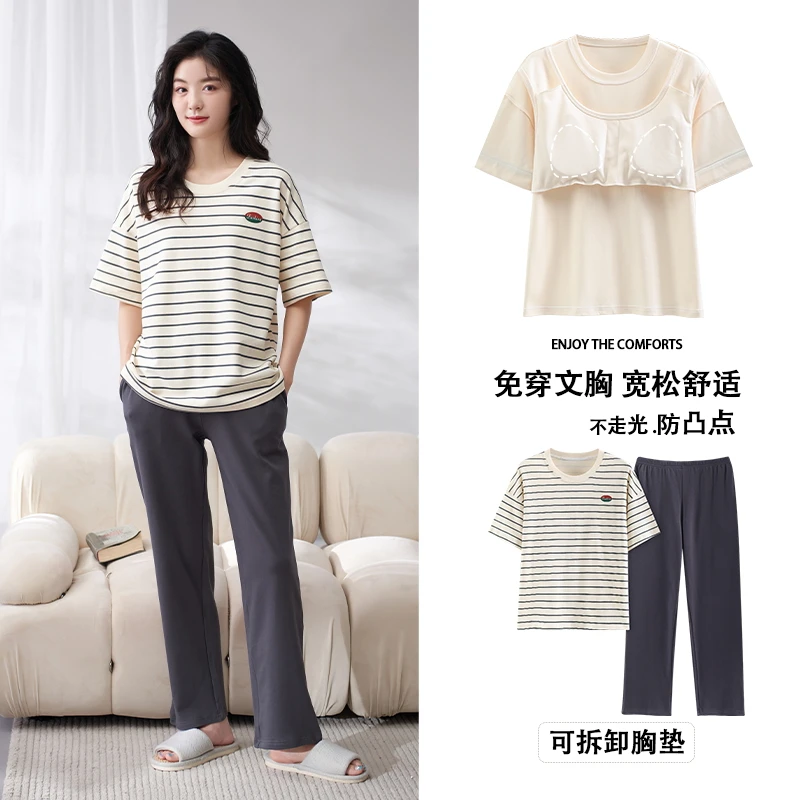 Summer Pyjamas Women 100% Cotton Pajamas Set With Chest Pad Ladies Striped Sleepwear Long Pants Home Clothing