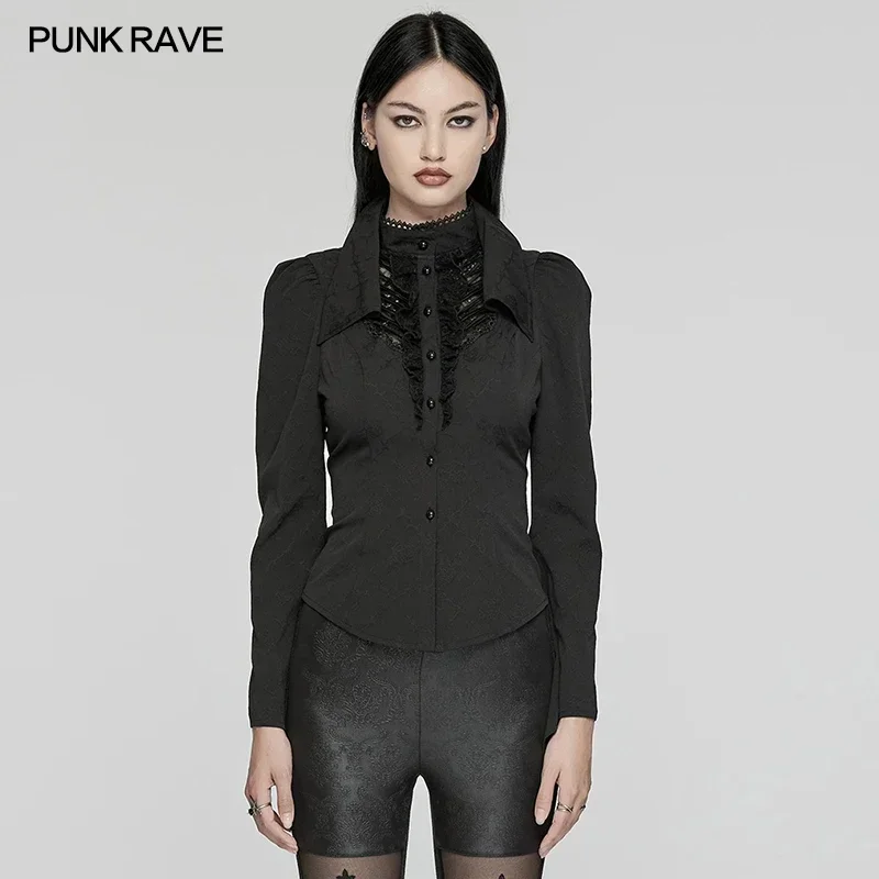 PUNK RAVE Women's Gothic Lapel & Stand Collars Lace Splicing Drawstring Simple Shirt Sexy Slim Black Tops Women Clothing