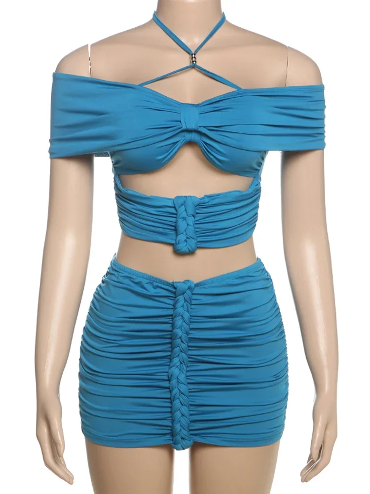 kliou Shirring Sexy Women 3 Piece Set Solid Fashion Halter Beads Off Shoulder Cut Out Mini Tops+Inside Tanks+Woven Mini Skirts