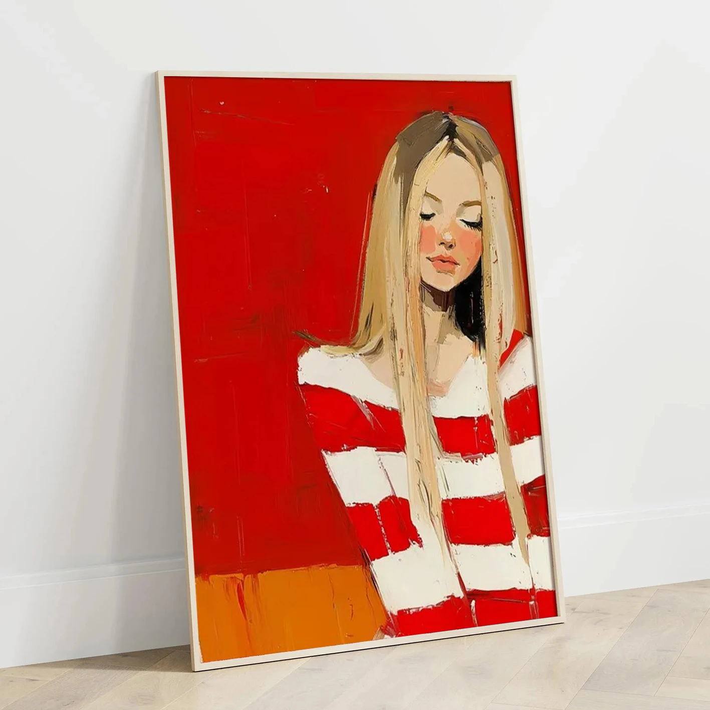 Textured Abstract Female Portrait Canvas Painting Colorful Striped Blonde Girl Fashion Figure Wall Decor For Girls Apartment