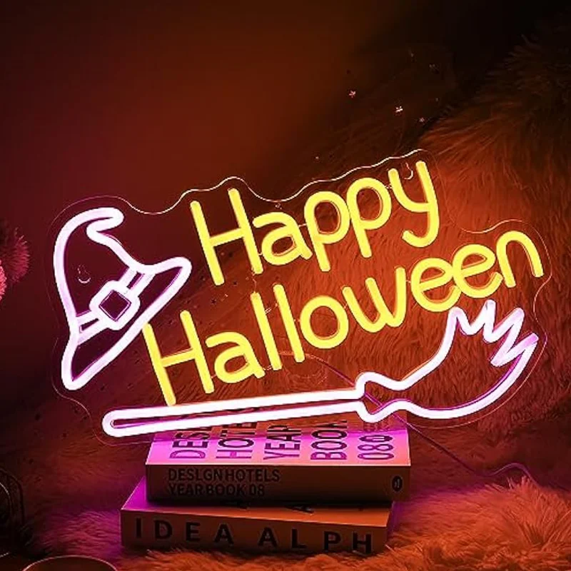 

Неоновая вывеска Happy Halloween со шляпой ведьмы, USB с регулируемой яркостью, настенный декор для жуткой вечеринки, детской комнаты, вечеринки, бара, клуба, дня рождения, подарки для детей